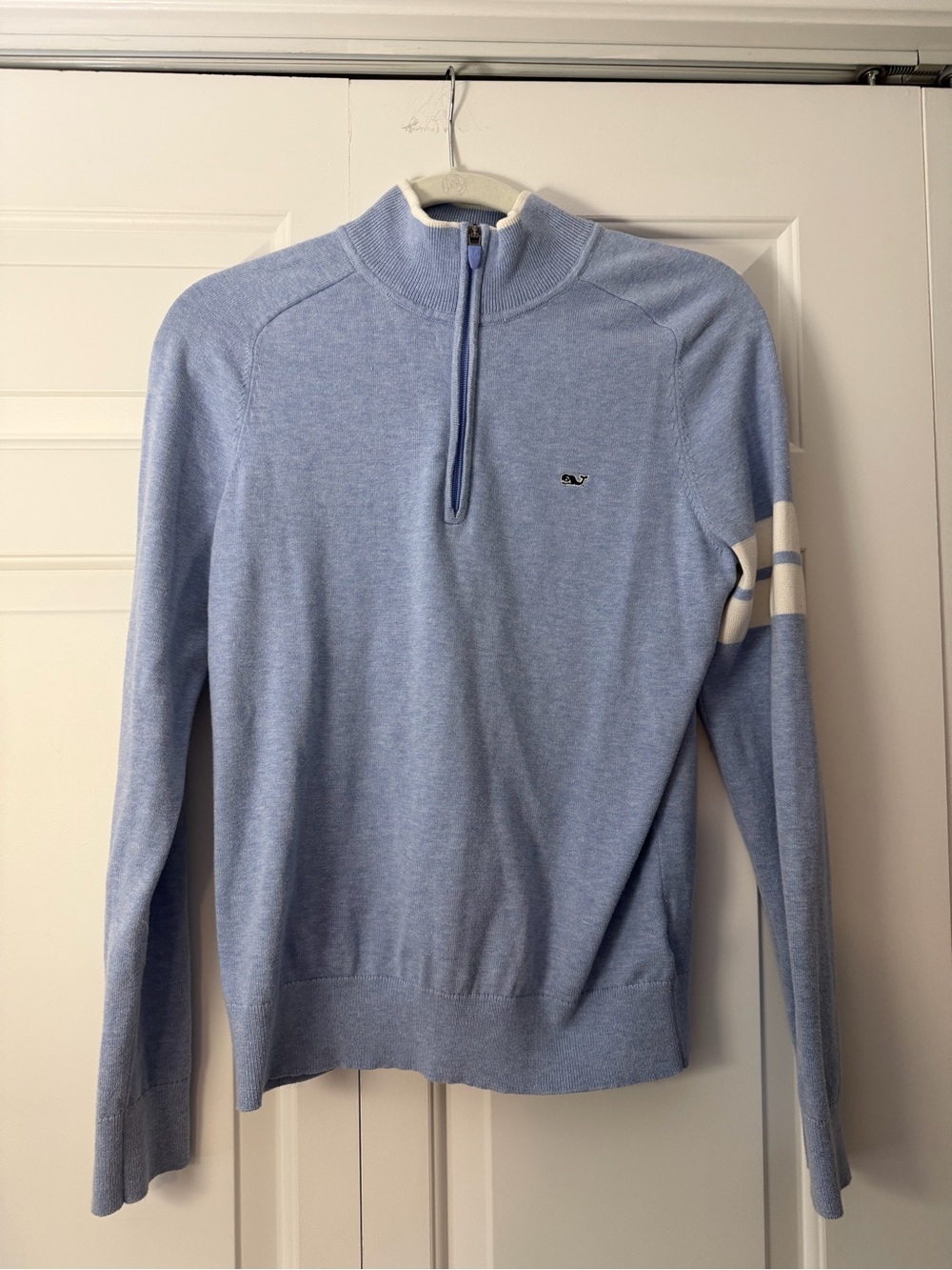 Vineyard Vines Sky Blue Quarter Zip Pullover with White Sleeve Stripe